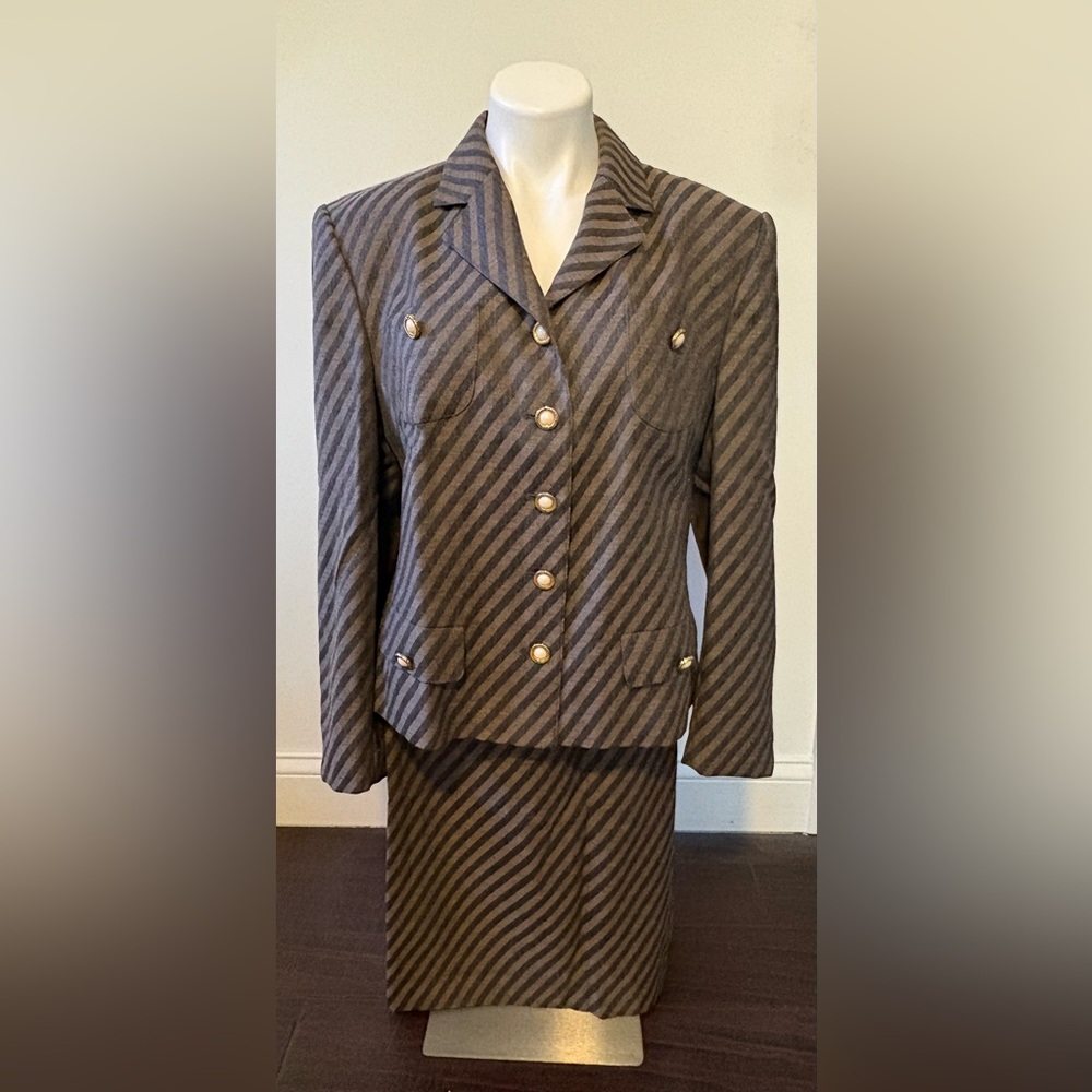 Louis Feraud Diagonal Striped Blazer in Gray and Black with matching skirt.